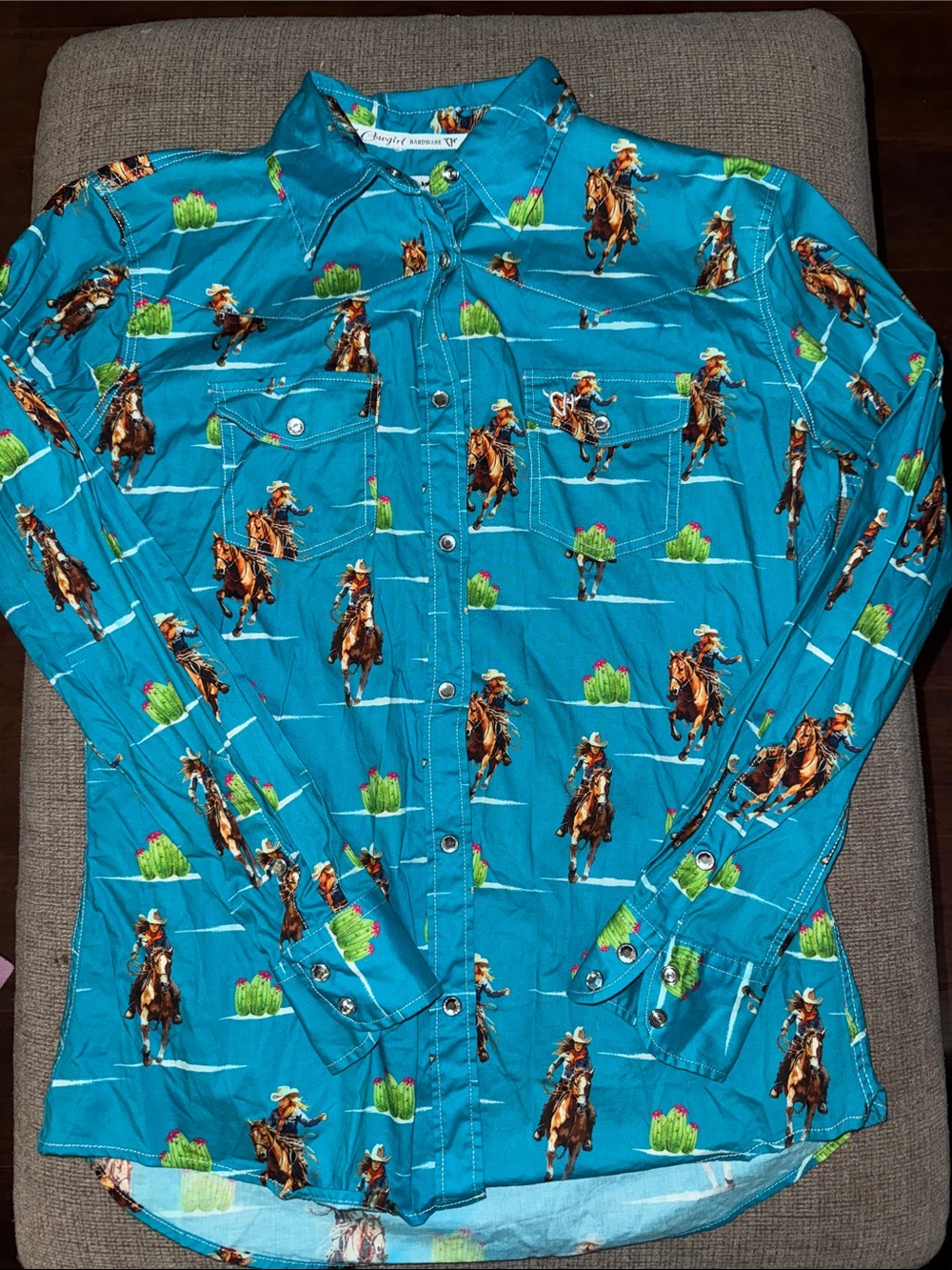 Cowgirl Hardware- Western Cowboy Print Button-Up Shirt in Bright Teal